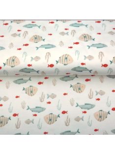 Mintás jersey színes halacskák- ecrü alapon 