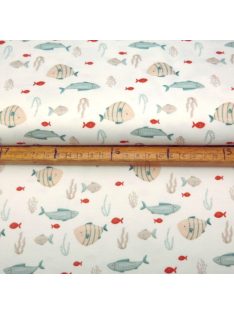 Mintás jersey színes halacskák- ecrü alapon 